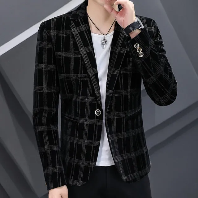 2021 Autumn Men Blazers Luxury Corduroy Casual Slim Suit Jacket Business Social Office Dress Coat Street Wear Men Clothing
