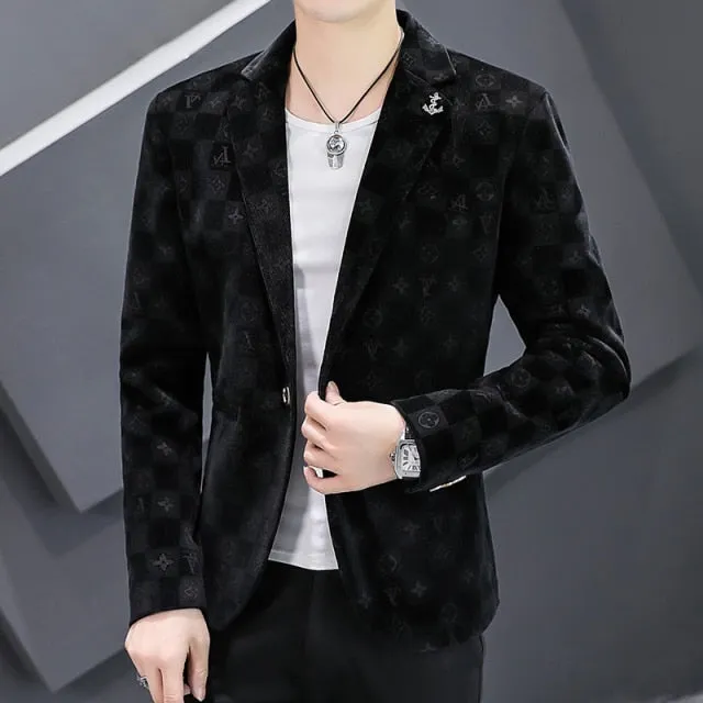2021 Autumn Men Blazers Luxury Corduroy Casual Slim Suit Jacket Business Social Office Dress Coat Street Wear Men Clothing