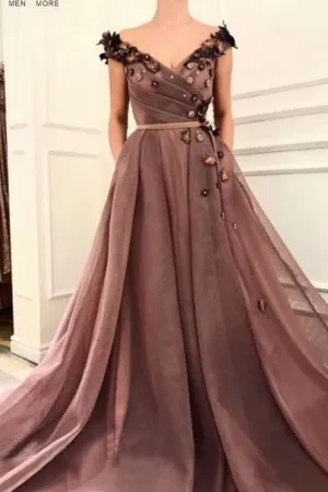 A Line V Neck Cap SleevesBrown Long Flowers Prom Dresses With Pockets PFP1628