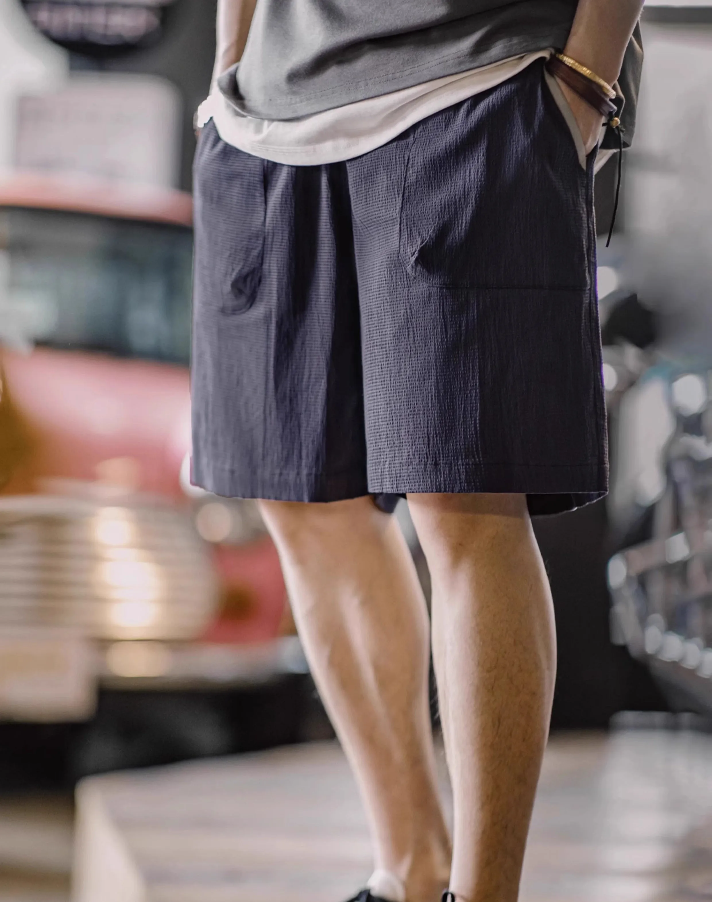 American Workwear Seersucker Texture Contrast Color Men's Shorts