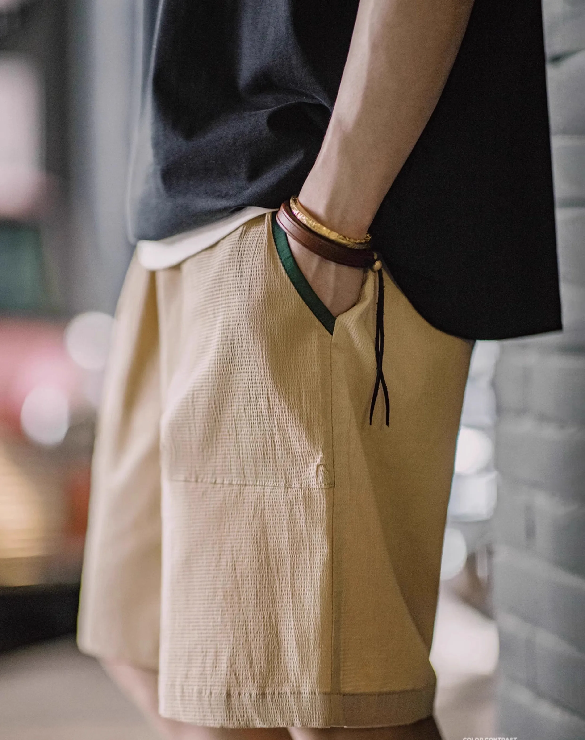 American Workwear Seersucker Texture Contrast Color Men's Shorts