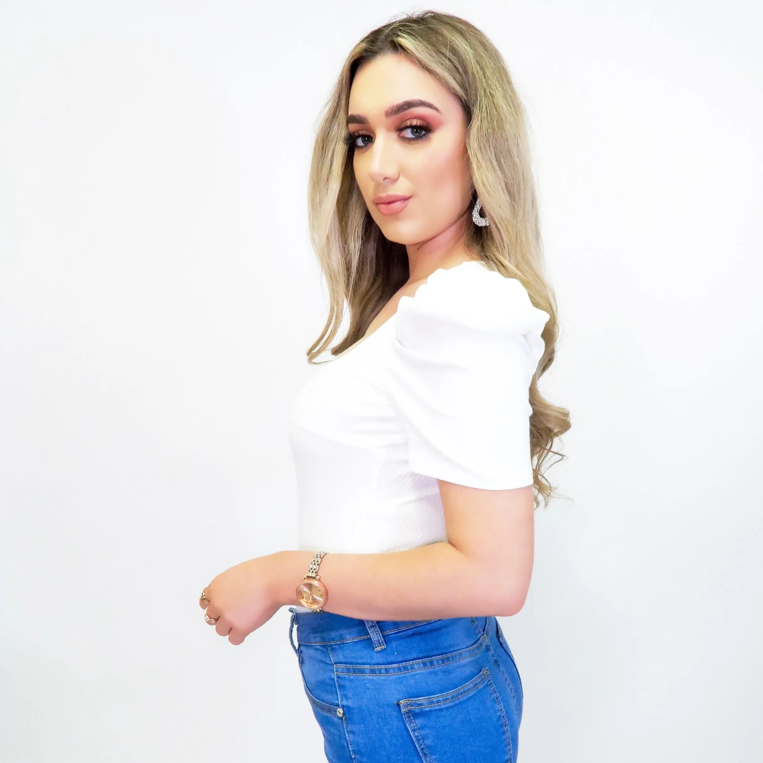 Aoife Basic White Pleated Shoulder Puff Sleeve V-Neck Bodysuit