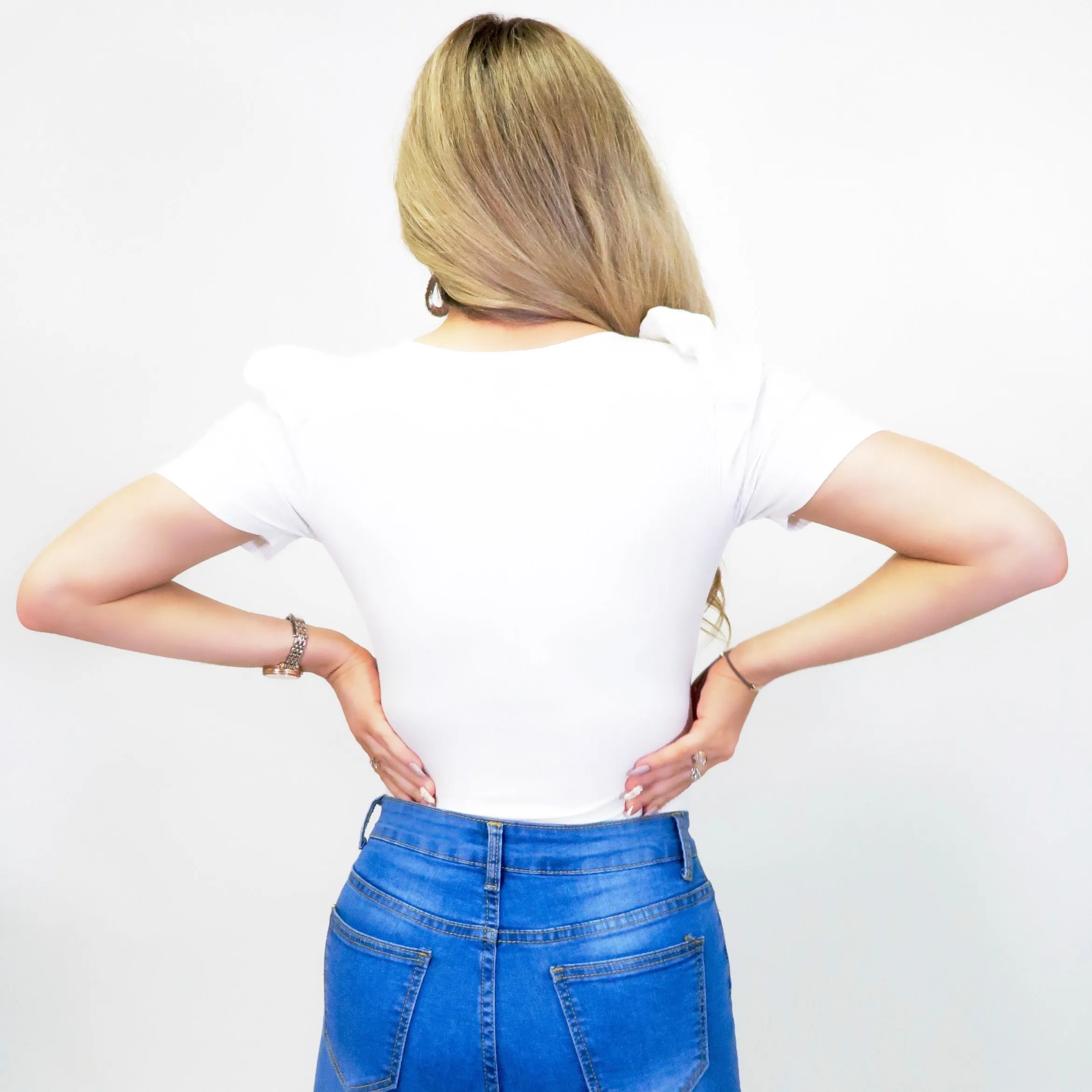 Aoife Basic White Pleated Shoulder Puff Sleeve V-Neck Bodysuit
