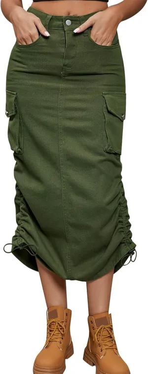 Apparel Short Women's Casual High Waist Cargo Skirt Denim Skirt Comfy Stretch Long Skirt A line A Line Swing Midi