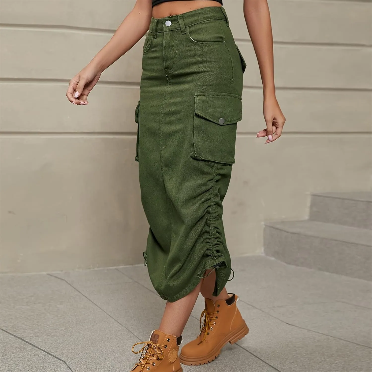 Apparel Short Women's Casual High Waist Cargo Skirt Denim Skirt Comfy Stretch Long Skirt A line A Line Swing Midi