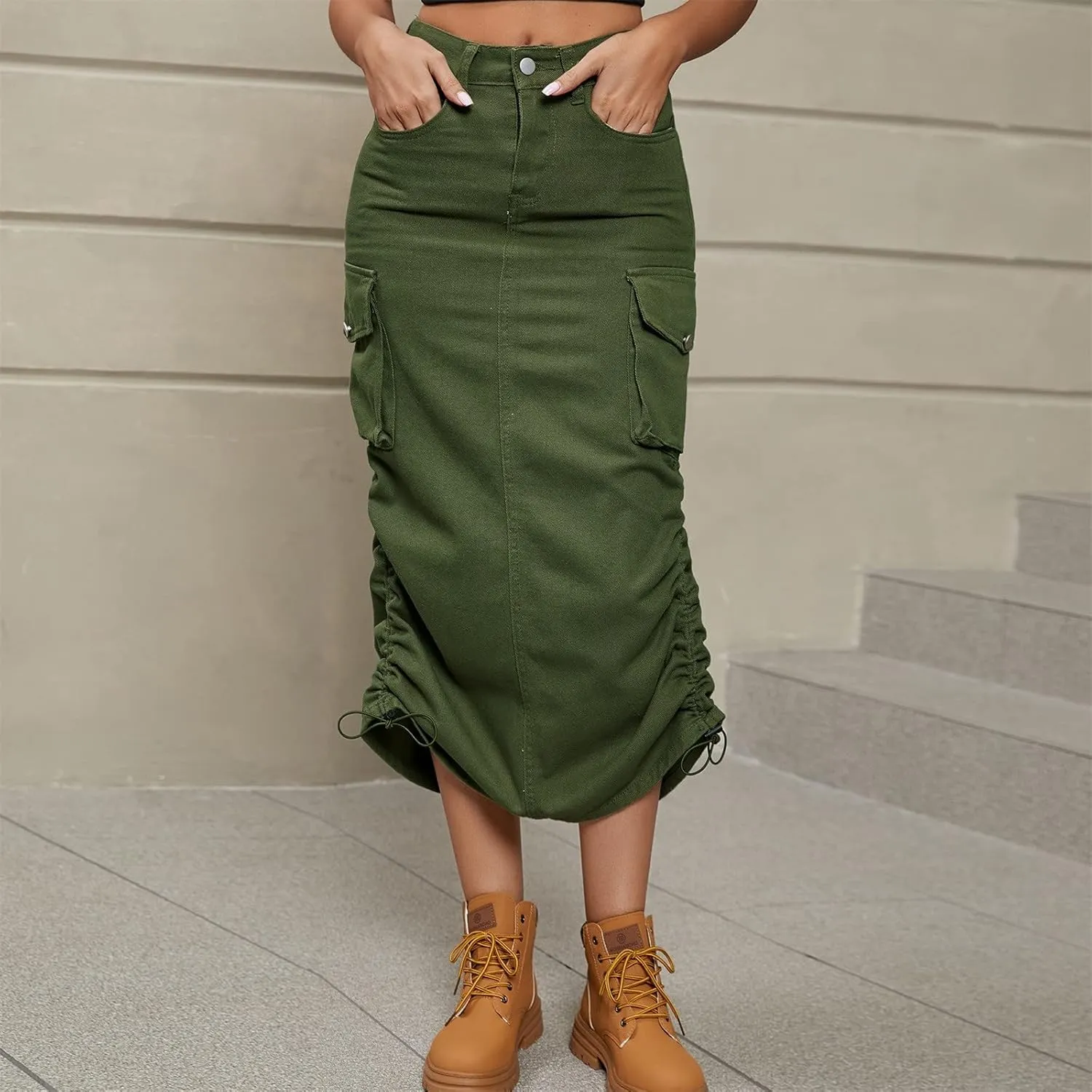 Apparel Short Women's Casual High Waist Cargo Skirt Denim Skirt Comfy Stretch Long Skirt A line A Line Swing Midi