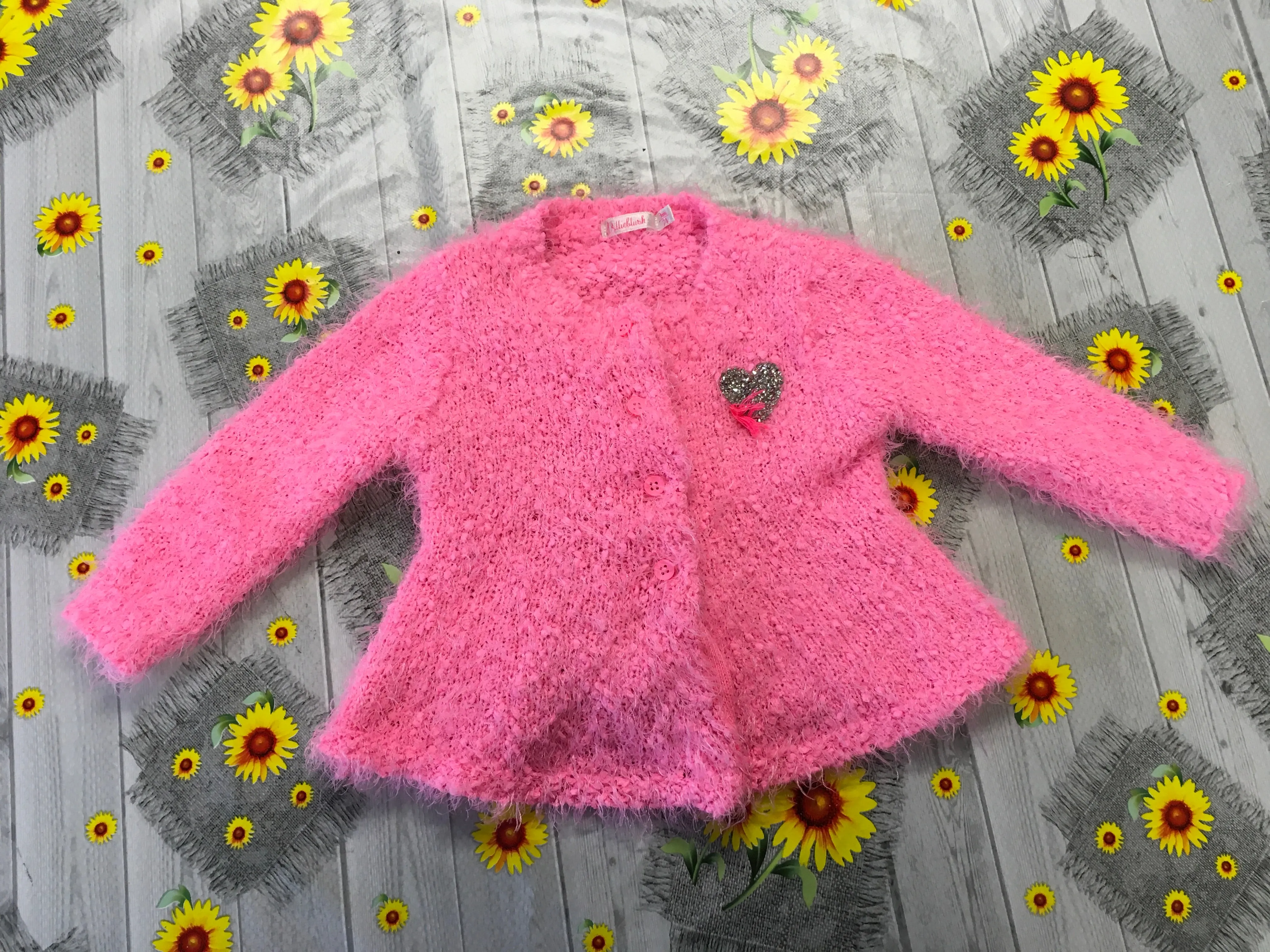 BillieBlush Pink Fluffy Diamante Heart Cardigan - Girls 9m
