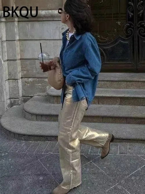 BKQU Straight Wide Metallic Shiny Jeans