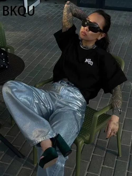 BKQU Straight Wide Metallic Shiny Jeans