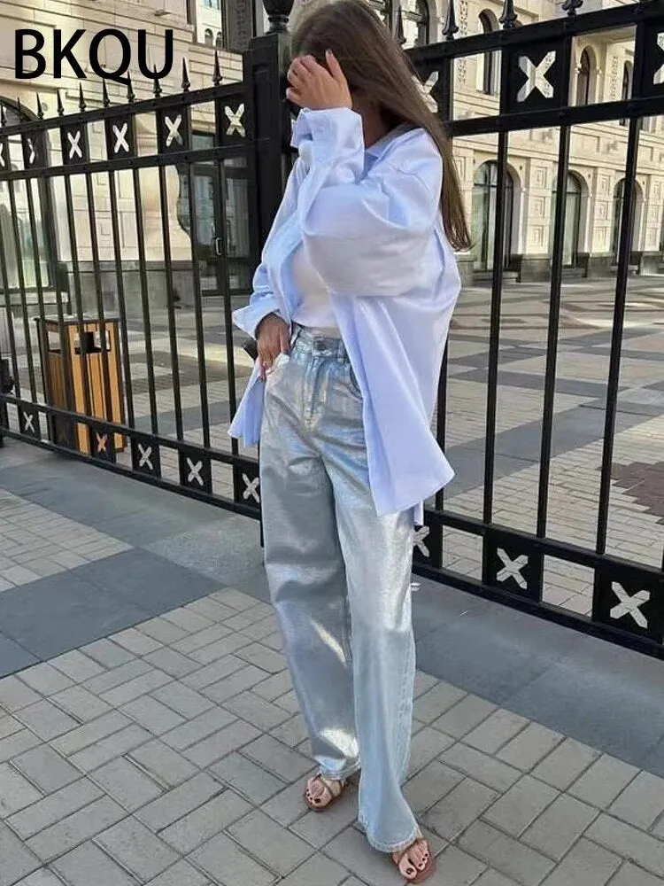 BKQU Straight Wide Metallic Shiny Jeans