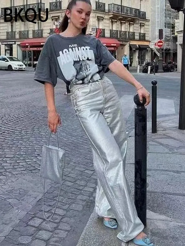 BKQU Straight Wide Metallic Shiny Jeans