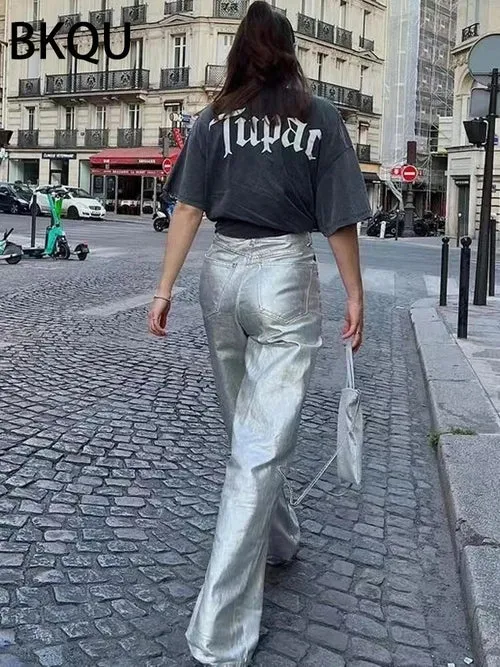 BKQU Straight Wide Metallic Shiny Jeans