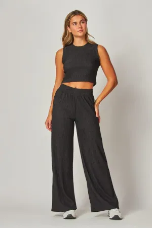 Black Crinkle Textured Cropped Top Loungewear Set