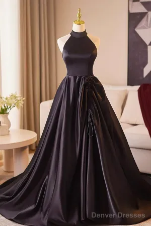 Black Halter Satin Long Prom Dress, Elegant A-Line Backless Party Dress