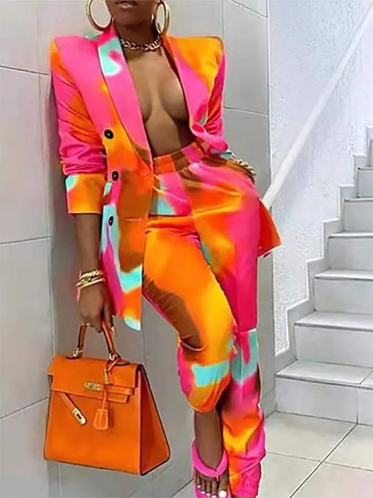 Blazers Tops Pencil Pants Suit Women Single Breasted Retro Print Outfits Spring