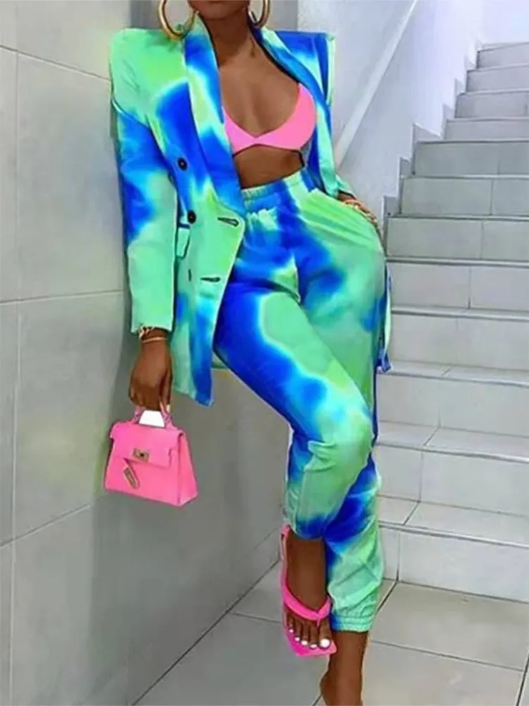 Blazers Tops Pencil Pants Suit Women Single Breasted Retro Print Outfits Spring