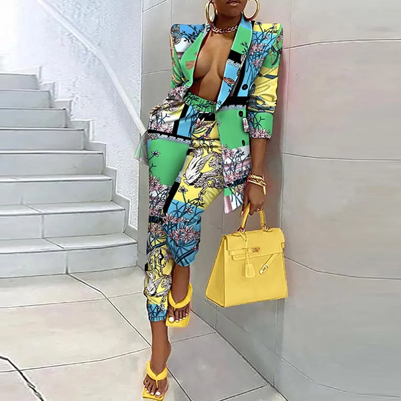 Blazers Tops Pencil Pants Suit Women Single Breasted Retro Print Outfits Spring