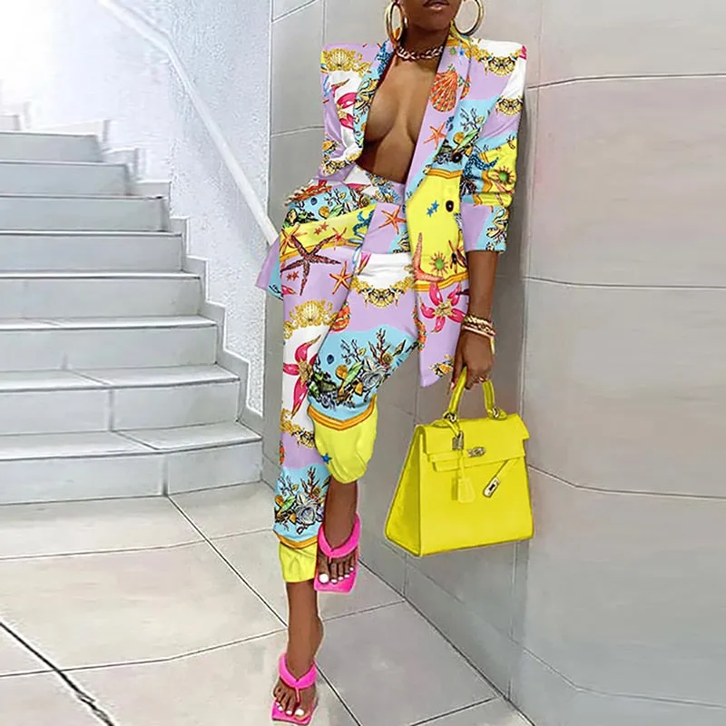 Blazers Tops Pencil Pants Suit Women Single Breasted Retro Print Outfits Spring