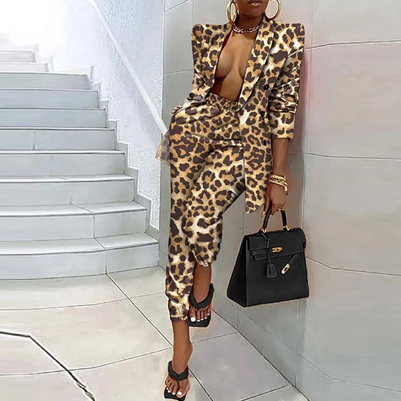 Blazers Tops Pencil Pants Suit Women Single Breasted Retro Print Outfits Spring