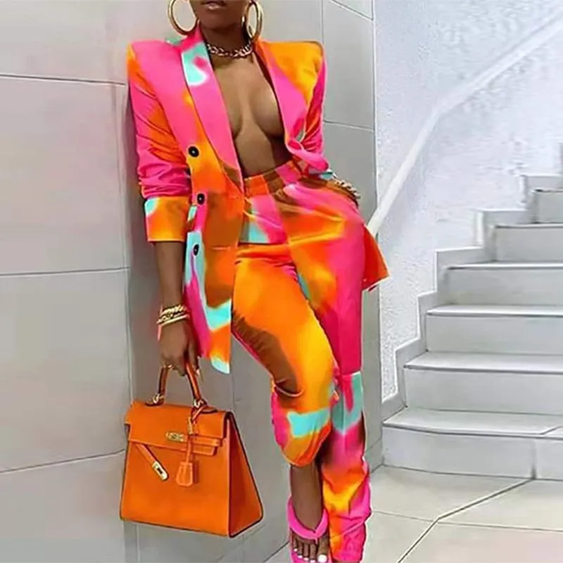Blazers Tops Pencil Pants Suit Women Single Breasted Retro Print Outfits Spring