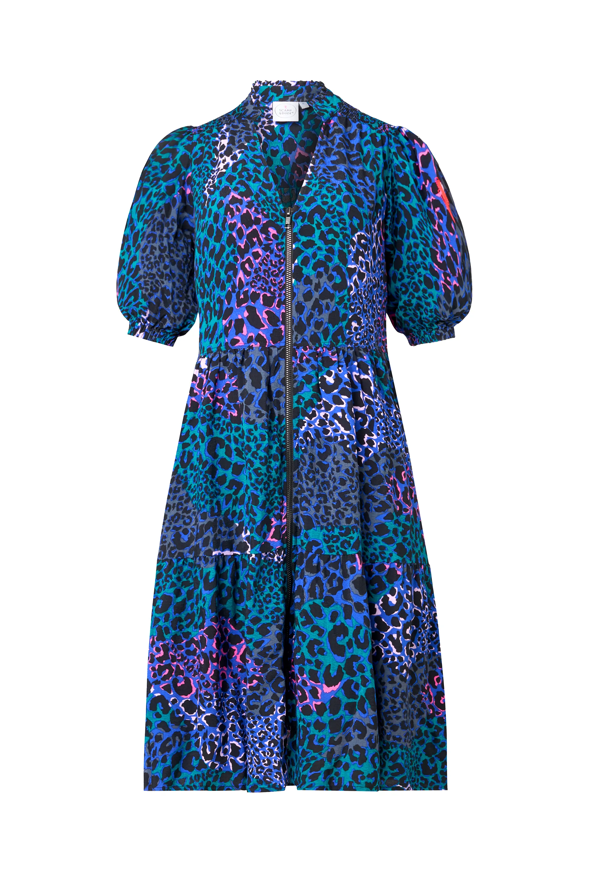 Blue with Green Spliced Leopard Zip Detail Tiered Short Dress