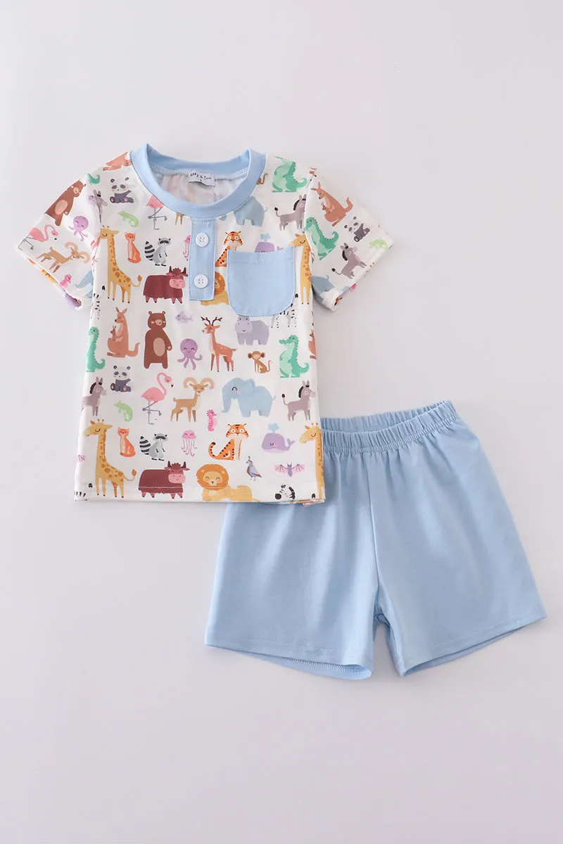 Blue zoo animals print shorts set