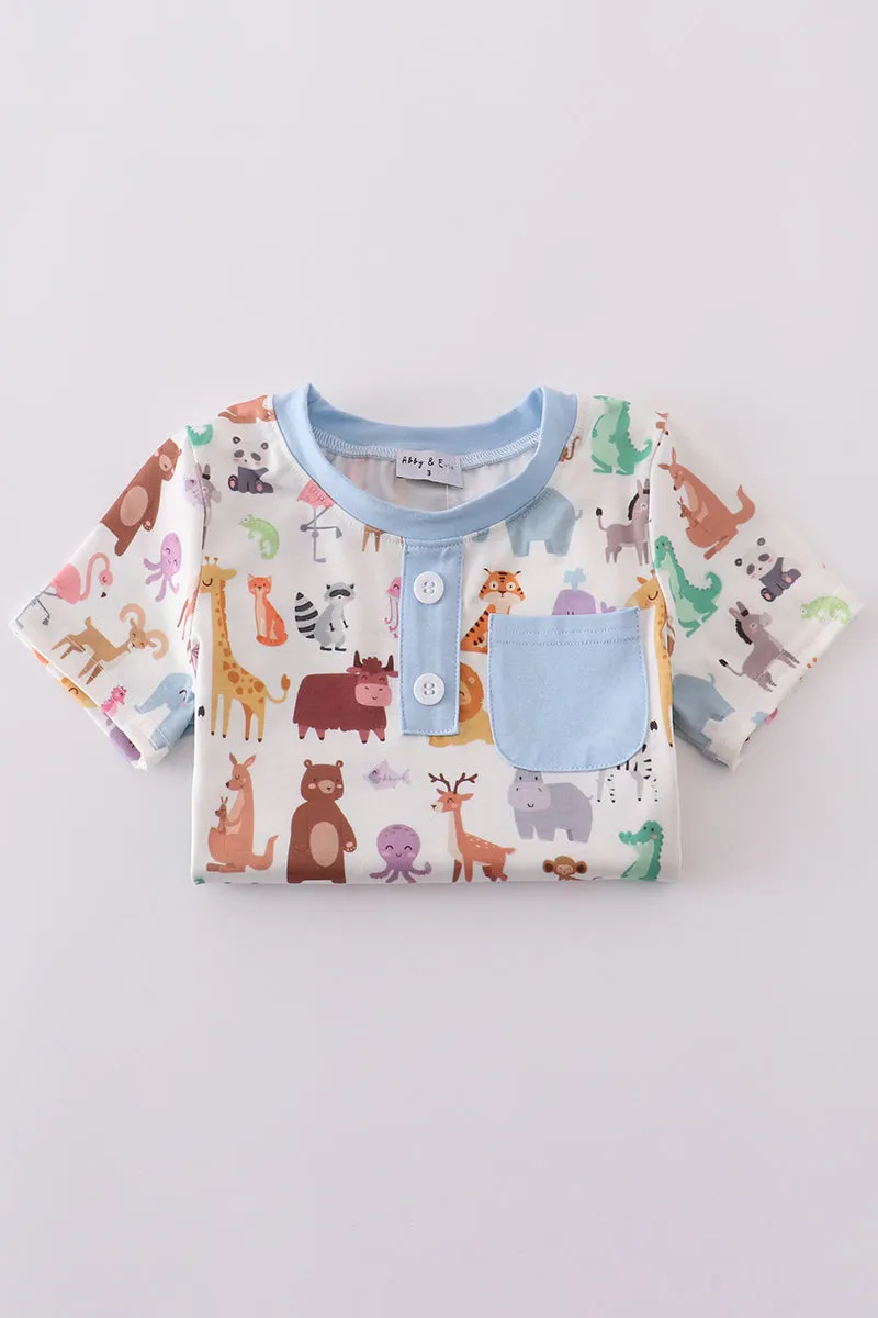 Blue zoo animals print shorts set