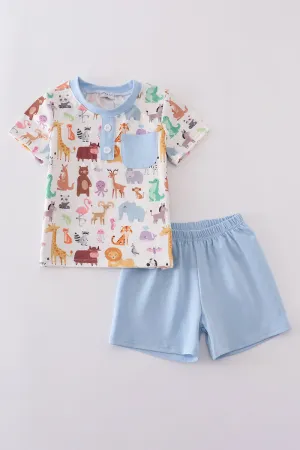 Blue zoo animals print shorts set