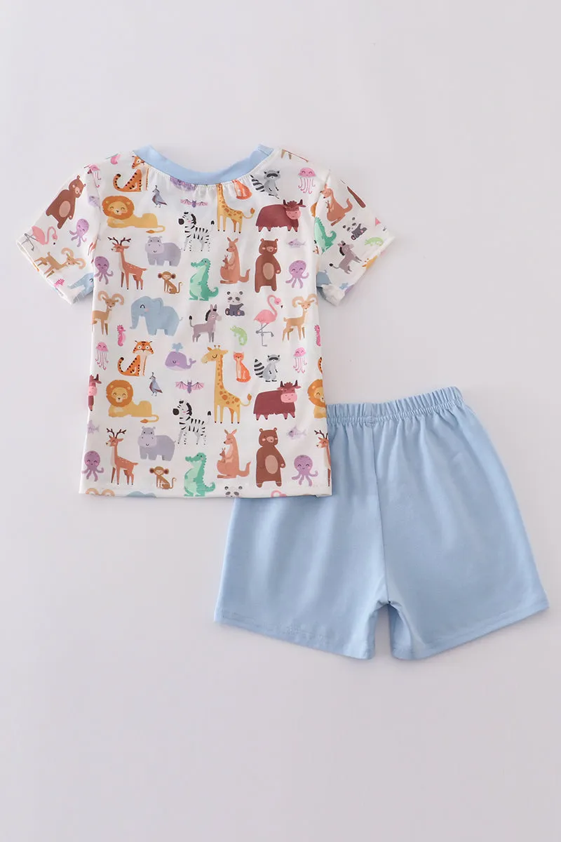 Blue zoo animals print shorts set