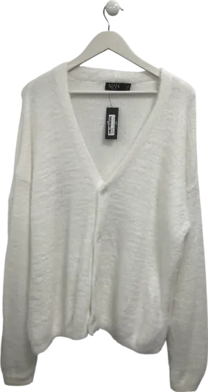 boohooMan Cream Oversized Boxy Fluffy Knitted Cardigan UK M