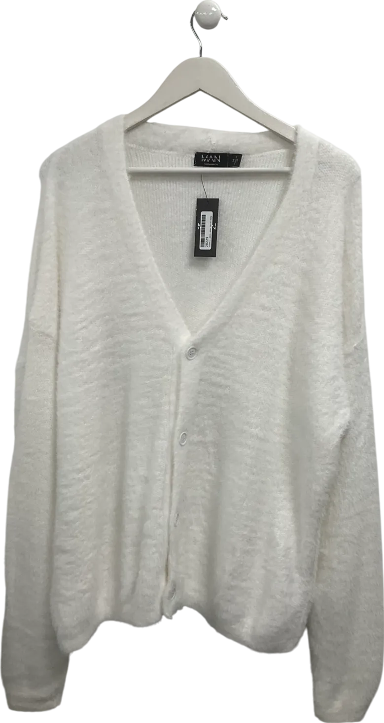 boohooMan Cream Oversized Boxy Fluffy Knitted Cardigan UK M