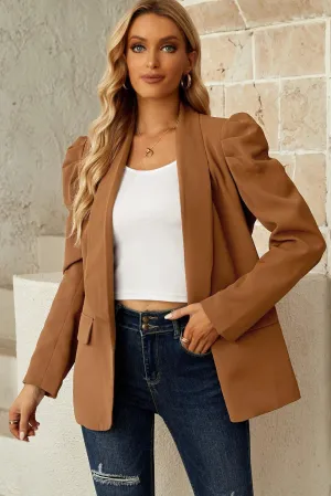 Brown Front-Open Blazer with Shawl Lapel