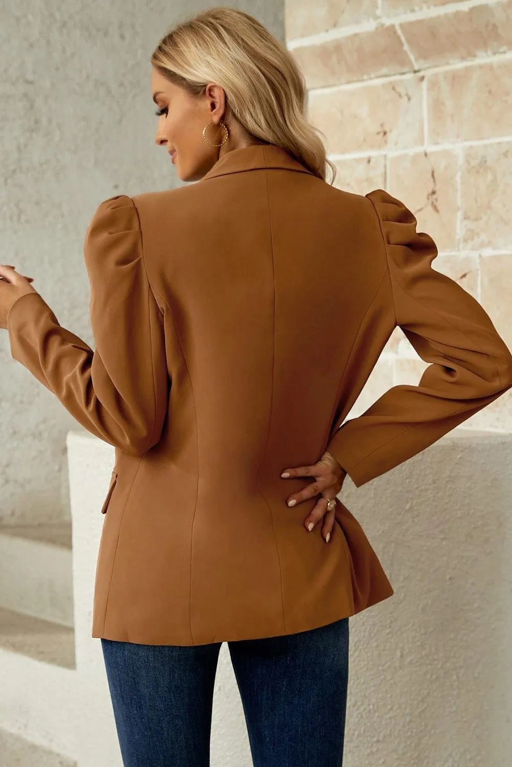 Brown Front-Open Blazer with Shawl Lapel