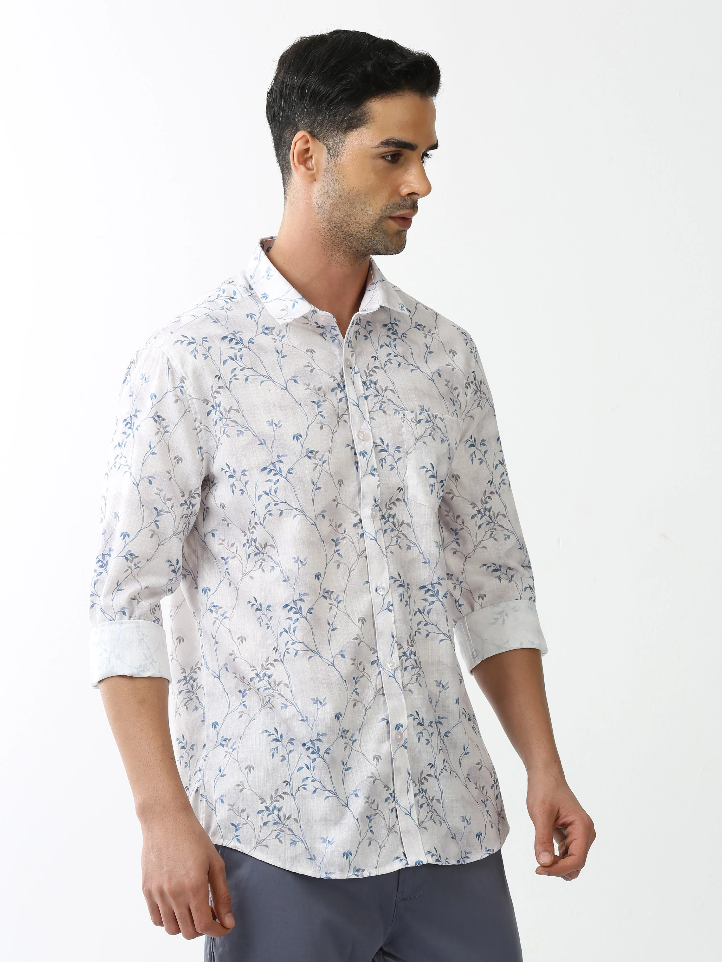 Classic Polo Mens Cotton Full Sleeve Printed Slim Fit Polo Neck White Color Casual Shirt | SO2-135 A-FS-PRT-SF