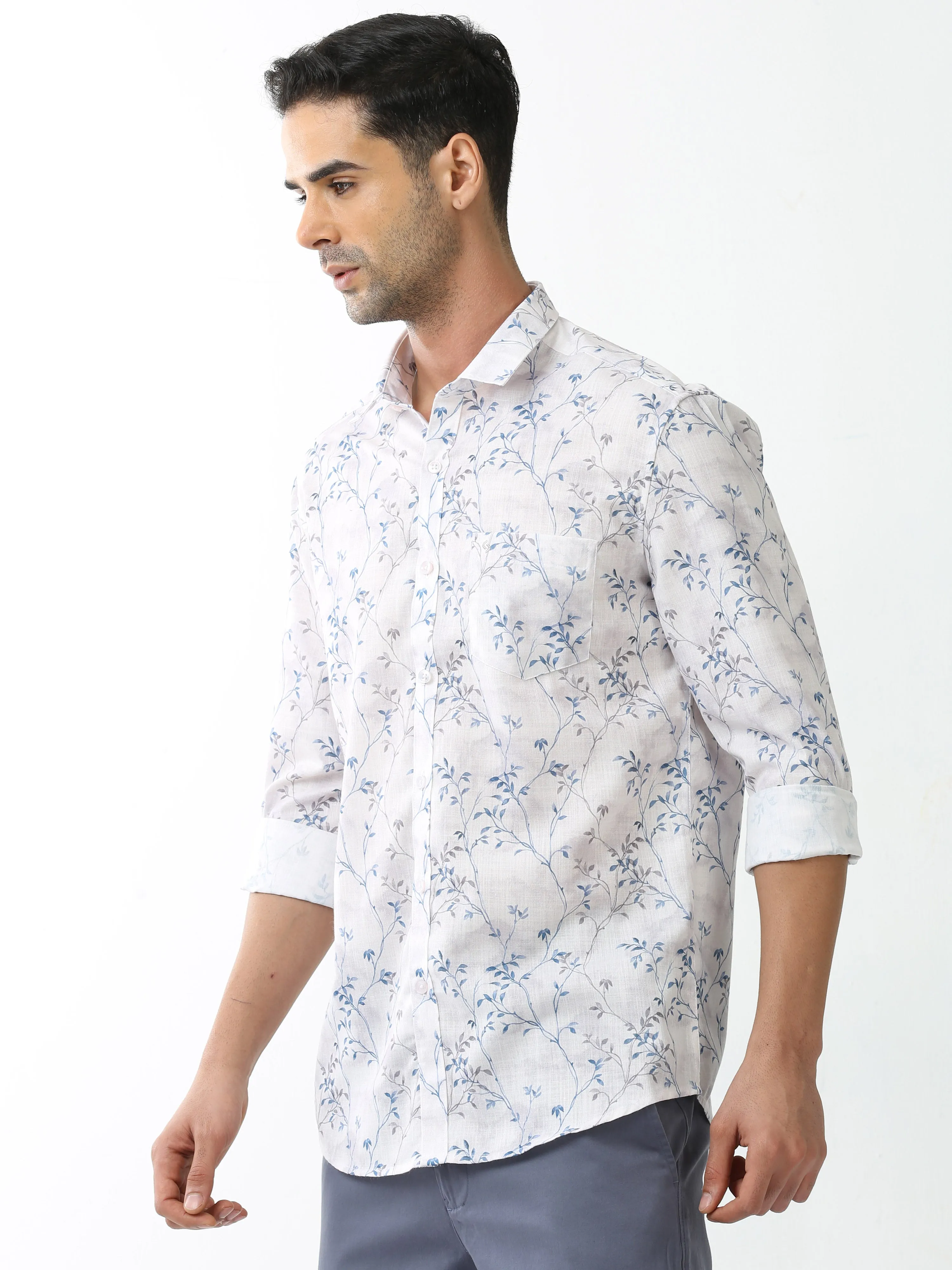 Classic Polo Mens Cotton Full Sleeve Printed Slim Fit Polo Neck White Color Casual Shirt | SO2-135 A-FS-PRT-SF