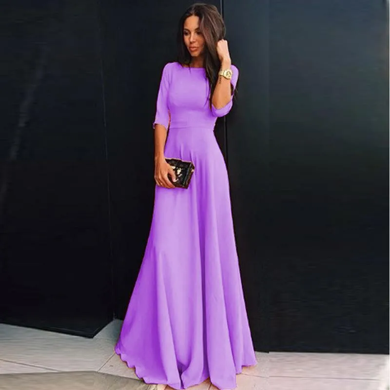 Clearance Slim Pure Color 3/4 Sleeves Pleated Long Maxi Dress