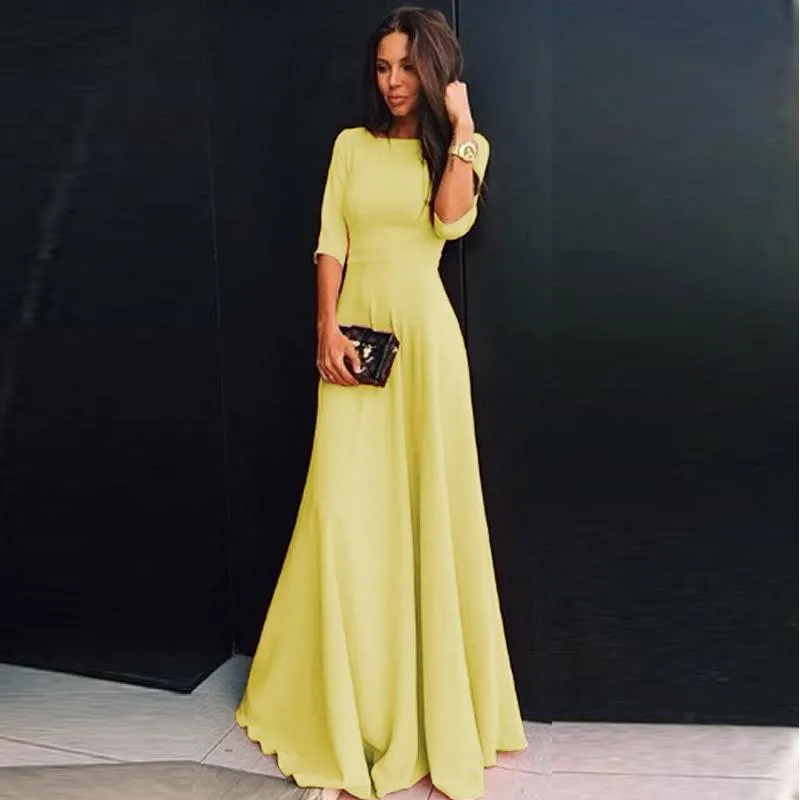Clearance Slim Pure Color 3/4 Sleeves Pleated Long Maxi Dress