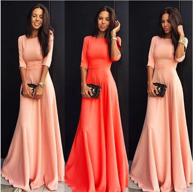 Clearance Slim Pure Color 3/4 Sleeves Pleated Long Maxi Dress