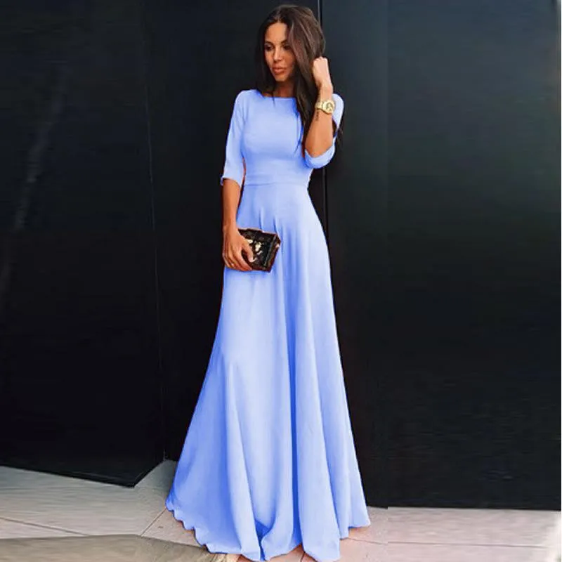 Clearance Slim Pure Color 3/4 Sleeves Pleated Long Maxi Dress