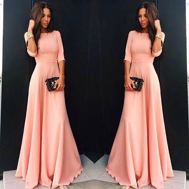Clearance Slim Pure Color 3/4 Sleeves Pleated Long Maxi Dress