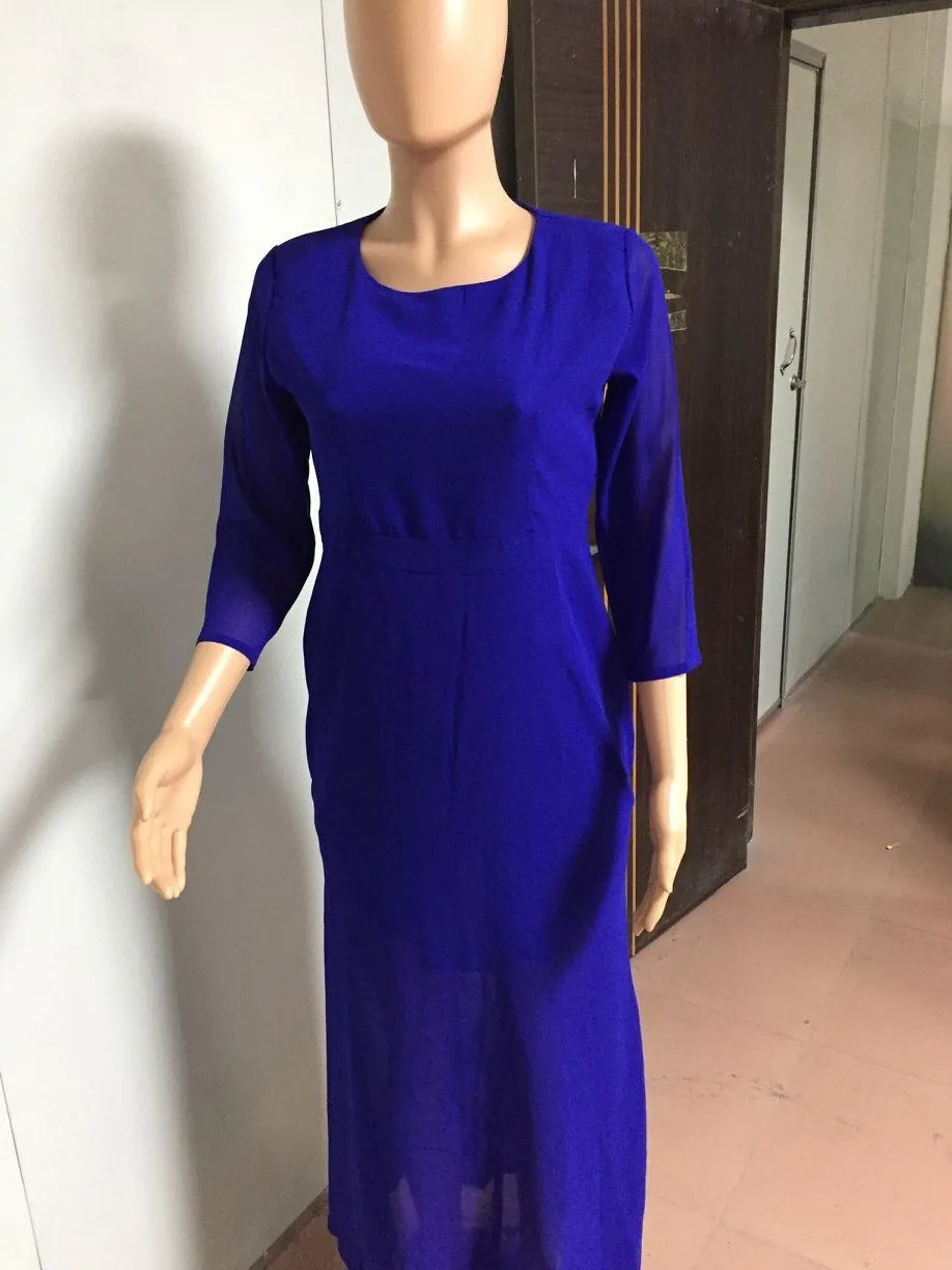 Clearance Slim Pure Color 3/4 Sleeves Pleated Long Maxi Dress