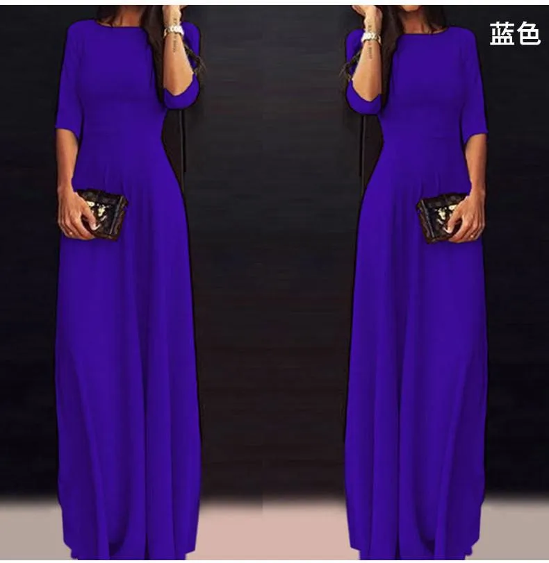 Clearance Slim Pure Color 3/4 Sleeves Pleated Long Maxi Dress