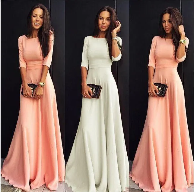 Clearance Slim Pure Color 3/4 Sleeves Pleated Long Maxi Dress