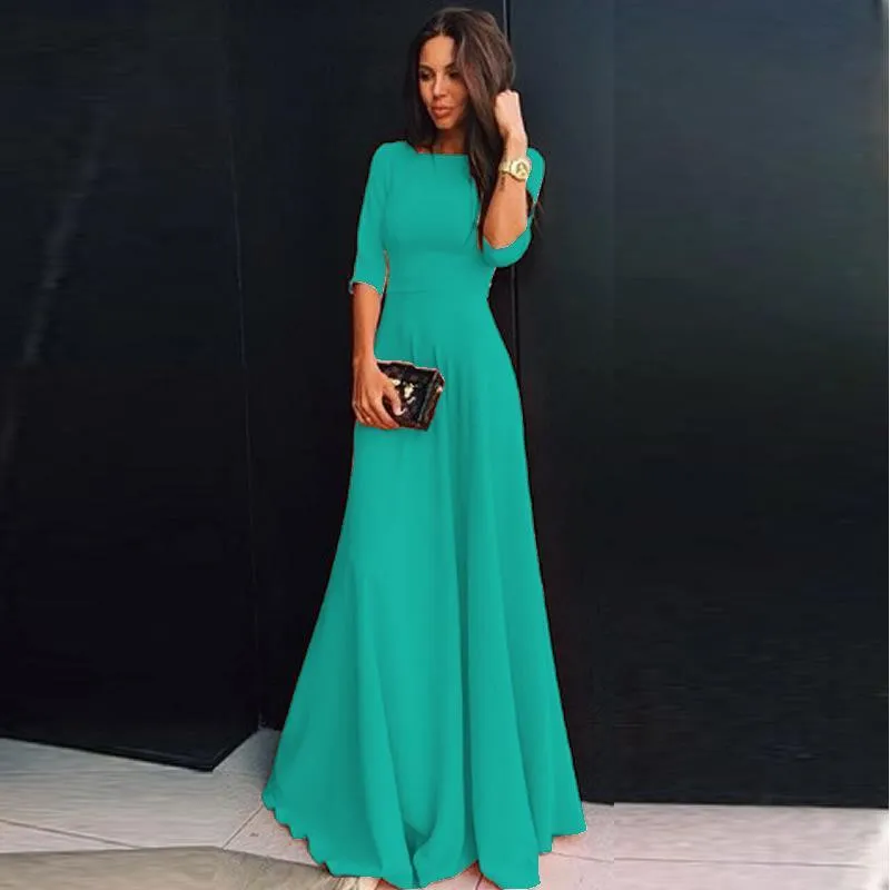 Clearance Slim Pure Color 3/4 Sleeves Pleated Long Maxi Dress