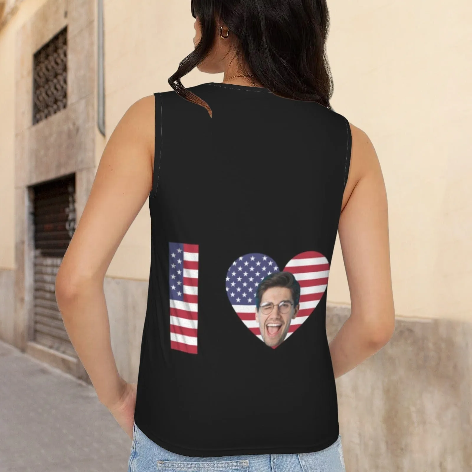 Custom Face Love USA Flag Top Personalized Women's Sleeveless Ring Buckle Tank Tops