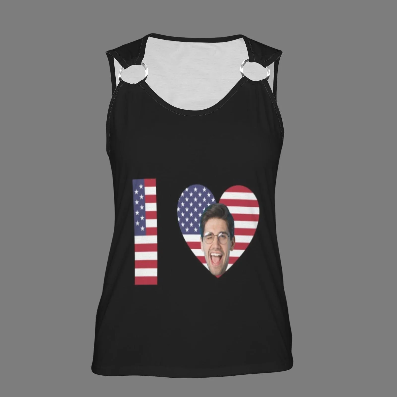 Custom Face Love USA Flag Top Personalized Women's Sleeveless Ring Buckle Tank Tops