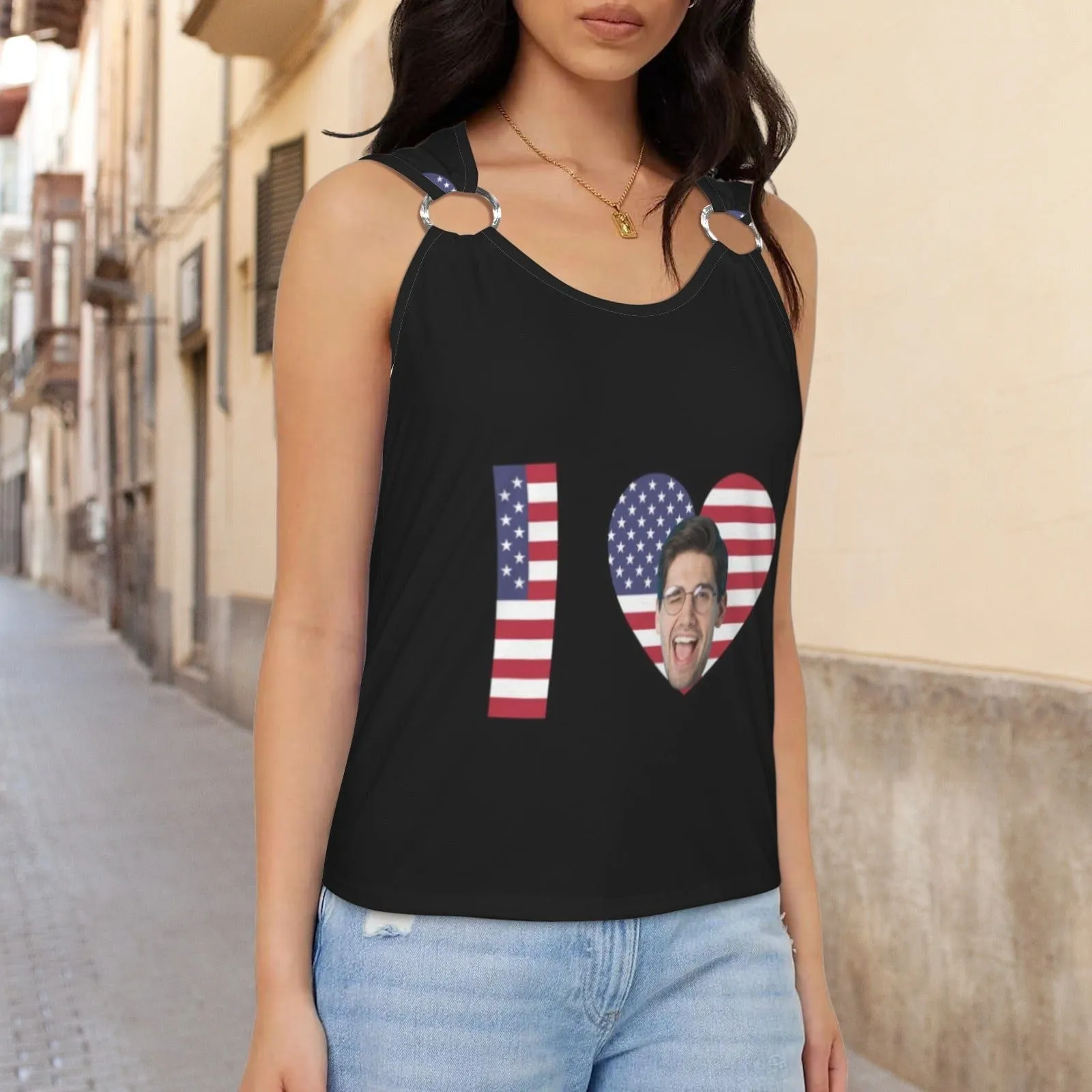 Custom Face Love USA Flag Top Personalized Women's Sleeveless Ring Buckle Tank Tops