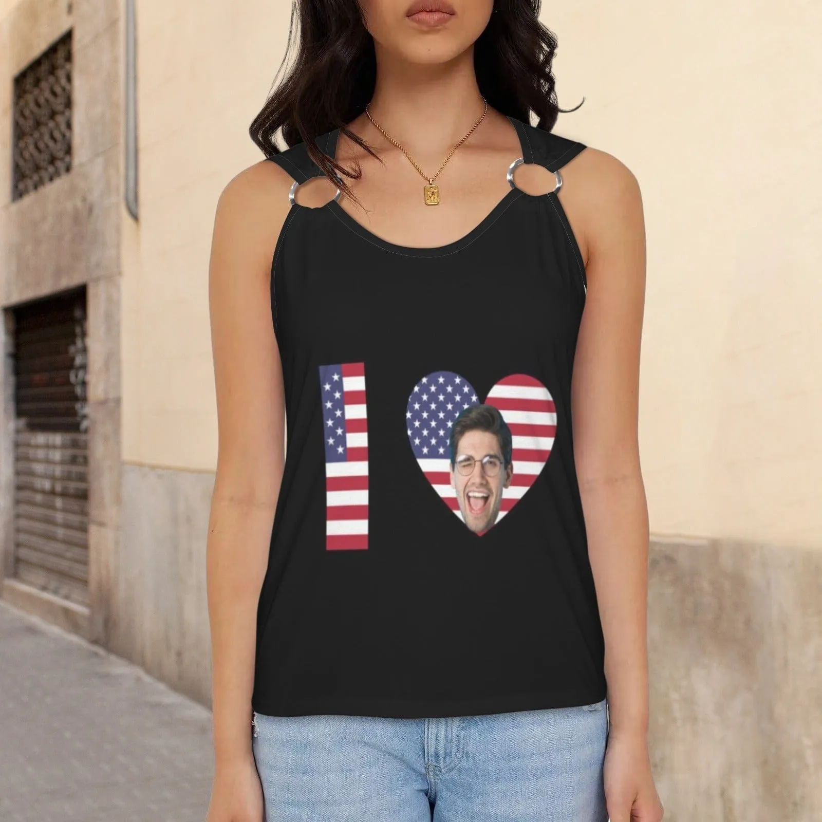 Custom Face Love USA Flag Top Personalized Women's Sleeveless Ring Buckle Tank Tops