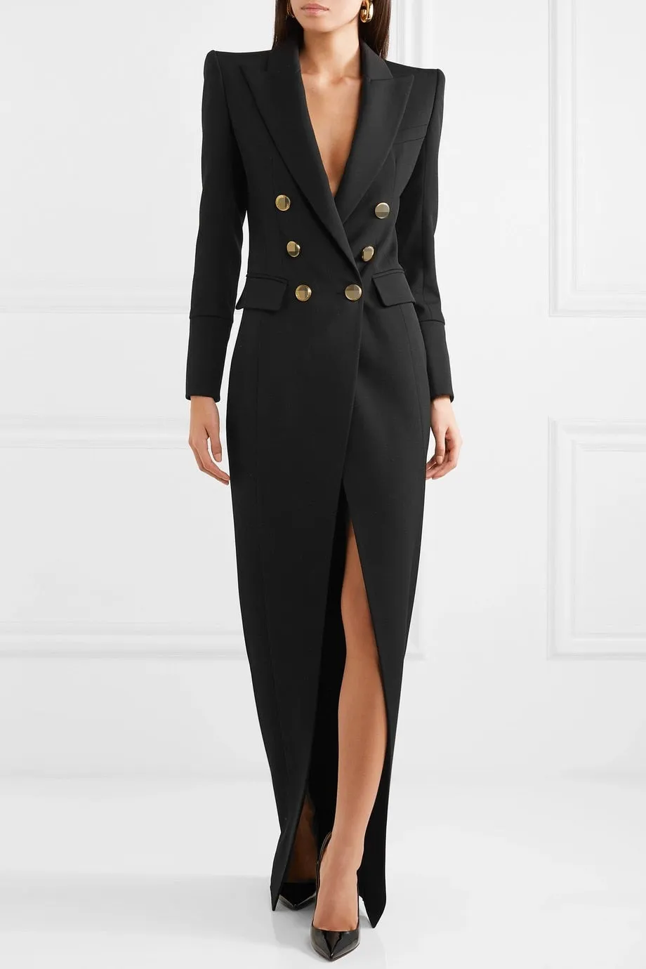 Double-Breasted Deep V-Neck Dress