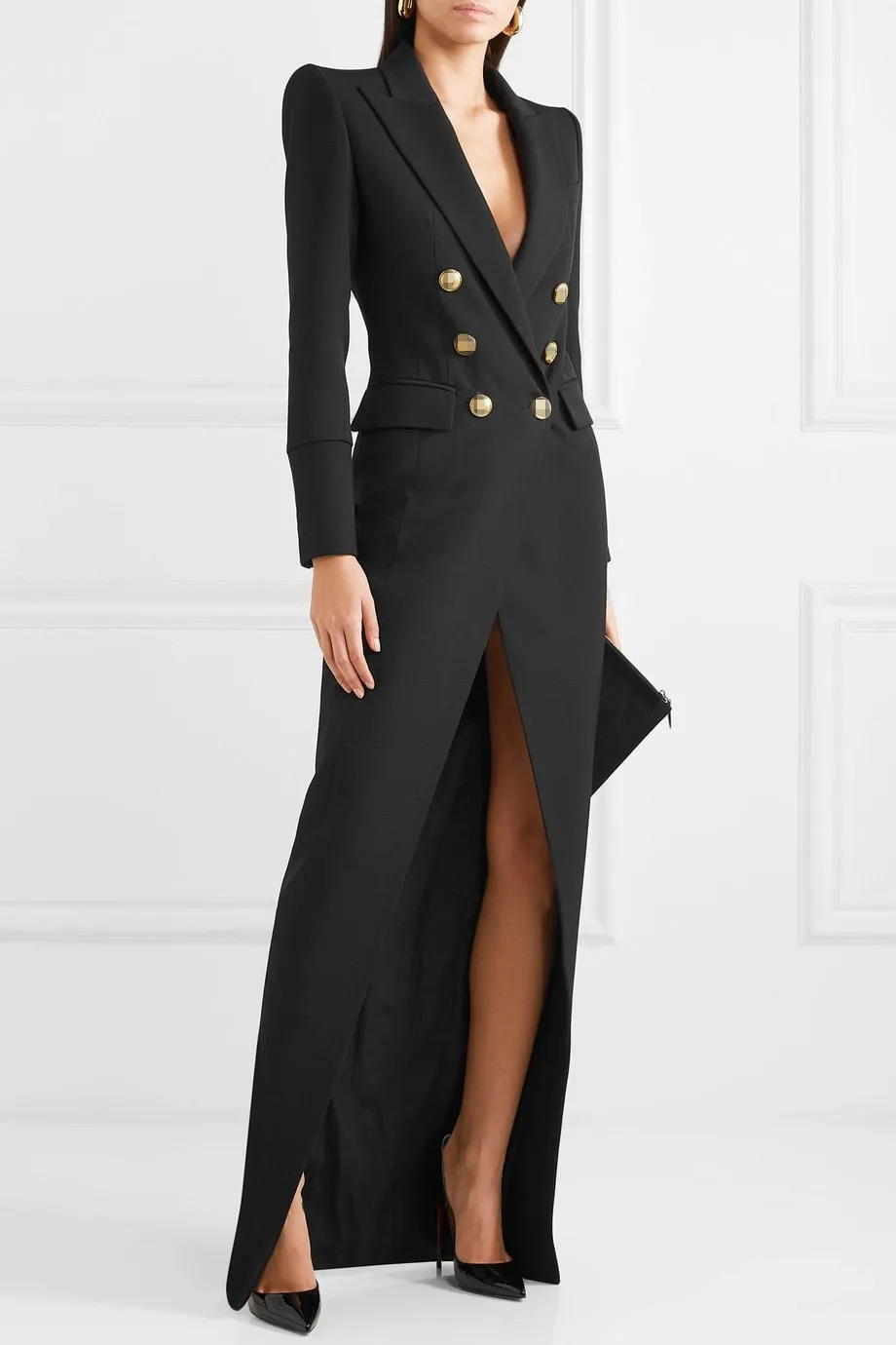 Double-Breasted Deep V-Neck Dress